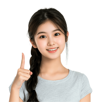 A cheerful Asian girl with a braid joyfully points her finger to the side, showcasing excitement and enthusiasm, Asian pretty girl pointing finger to the sideon transparent background png