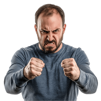 A man is showing anger with his fists clenched and a fierce expression, isolated against a plain backdrop, angry man on transparent background png