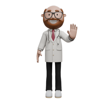 A friendly, cartoon doctor waving his hand, dressed in a white coat with a stethoscope around his neck. png