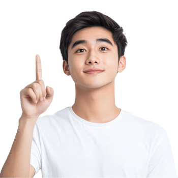 A smart and attractive young man gestures upward with a smile, conveying excitement and positivity in a well-lit room, Attractive young smart Asian man pointing up with his finger png