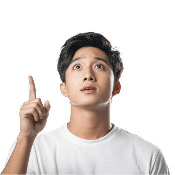 A young Asian man wearing a t-shirt points upward with a thoughtful expression, conveying a moment of realization, Attractive young smart Asian man pointing up with his finger transparent background png