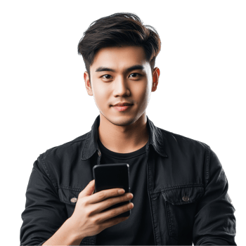 A young Asian man dressed casually engages with his smartphone, focused and relaxed against a simple backdrop, Attractive young smart Asian man using mobile smart phone transparent background png