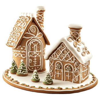 Two beautifully crafted gingerbread houses with icing and candy sit on a festive platter, sparking holiday cheer, beautiful decorated gingerbread house objects on transparent background png