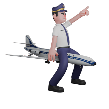 Illustrative 3D Male Pilot. A pilot is sitting on a plane with his left hand pointing up. Aviation Leader png