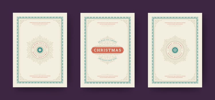 Christmas greeting cards vintage typographic design, ornate decorations, winter holidays wishes and ornament frames. vector