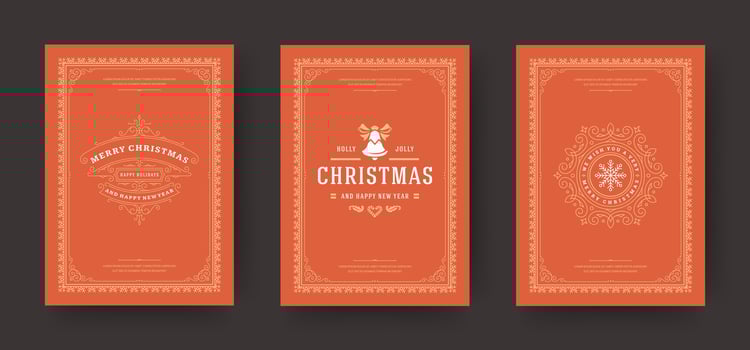 Christmas greeting cards set vintage typographic design, ornate decoration symbols with winter holidays wishes vector