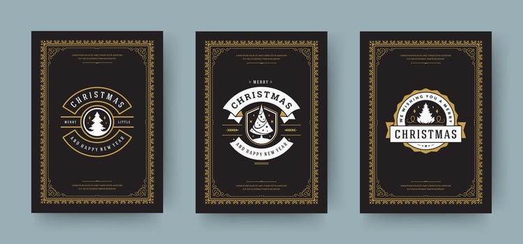 Christmas greeting cards design, ornate decoration symbols with tree, winter holidays wishes vintage typography vector