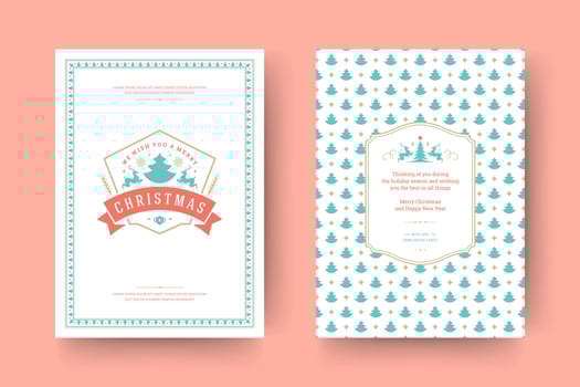 Christmas greeting card vintage typographic design, ornate decorations symbols with tree, winter holidays wish vector