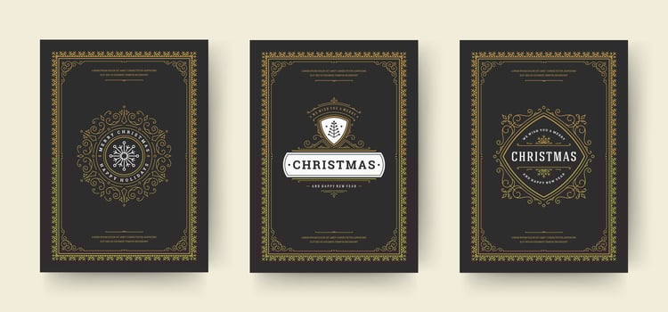 Christmas greeting cards vintage typographic design, ornate decorations symbols with fir tree, winter holidays wishes vector