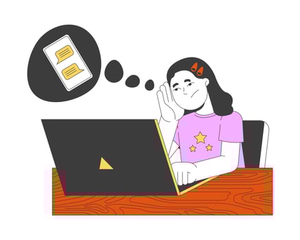 Bored girl thinking about chatting with friends 2D cartoon character. Student exhausted by difficult homework isolated person flat on white background. Spot illustration colorful vector