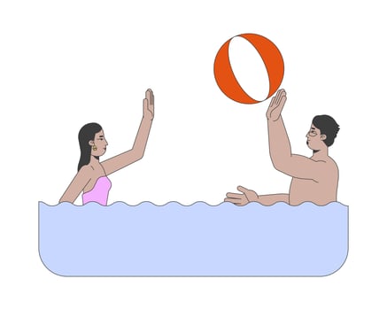 Arab man and woman playing ball in water 2D cartoon characters. Active leisure. Young couple enjoying summer vacation isolated people flat on white background. Spot illustration colorful vector