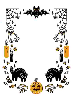 A Decorative Frame Created with a Halloween Theme Featuring Cats and Pumpkins Galore. Template for the autumn season. For flyers, postcards, banners, party invitations. Cute illustration, kawaii style vector