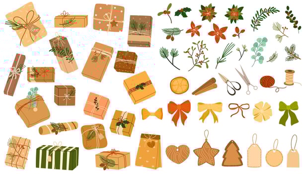 Sustainable Christmas. Zero waste, eco-friendly packaging gifts. Wrapping present boxes with kraft paper, pine branches, twine ribbon, wood toys, dry orange. Christmas box creator. illustration vector