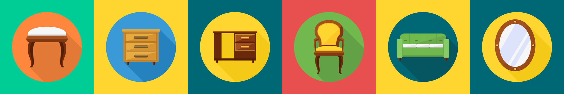 A set of 6 furniture icons as wood stool, drawers, office table vector