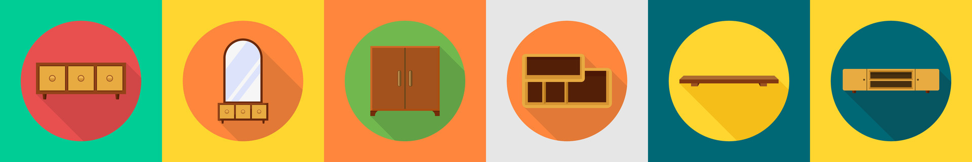 A set of 6 furniture icons as drawers, dressing table, almirah vector