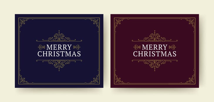 Merry Christmas retro social media post design template with golden royal frame set flat vector