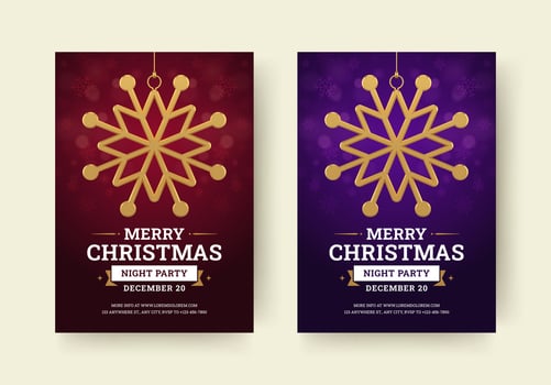 Christmas night party flyer with snowflake bauble design template set realistic vector