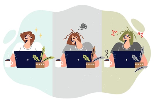 Woman office worker begins to suffer due to burnout and lack of rest or overdose of caffeine vector