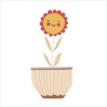 Smiling baby flower in beige plant pot in kawaii cartoon style. Hand drawn doodle childish illustration. Isolated simple drawing for kid-friendly graphic and babyish book or card designs. vector