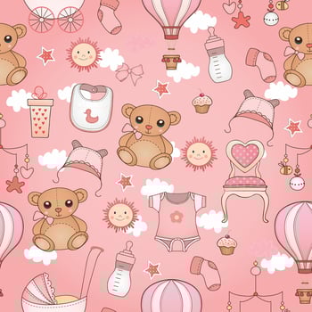 a baby pattern with a teddy bear and a balloon on pink background. vector