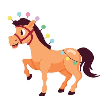 Christmas horse with lights, flat sticker vector