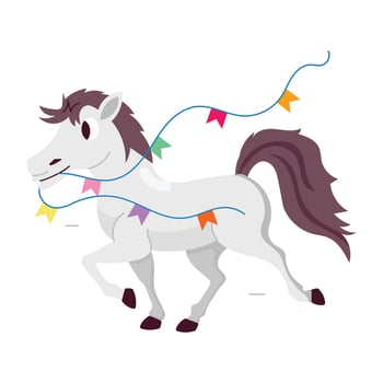 Party horse running with garland, flat sticker vector