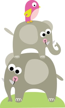 Cute elephant on top of another and bird vector