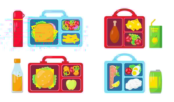 Set of lunch boxes with food and drinks vector