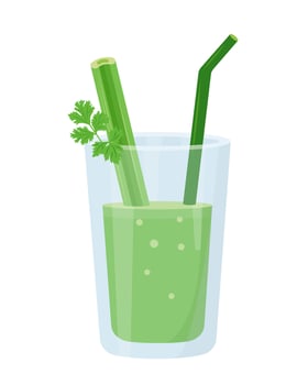 Fresh green Celery juice in glass. Weight loss diet smoothie. Detox cocktail for healthy dieting. Celery stalk and juice icon. vector