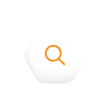 A white hexagon with an orange magnifying icon png