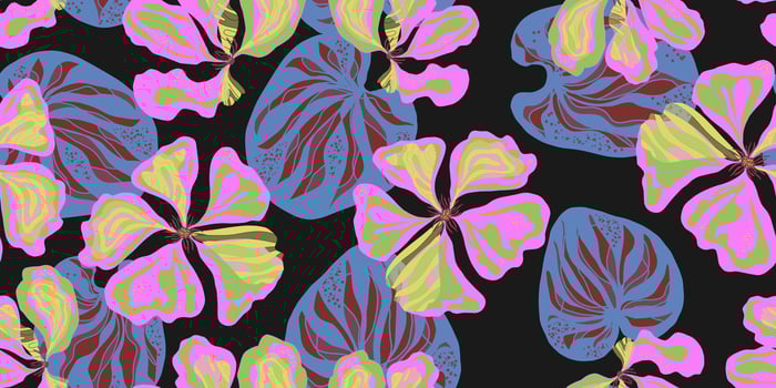 a pattern with pink and green flowers on black vector