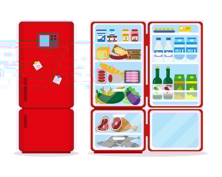 Closed and opened refrigerator full of food. vector