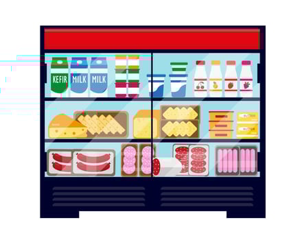 Big showcase refrigerator full of food. vector