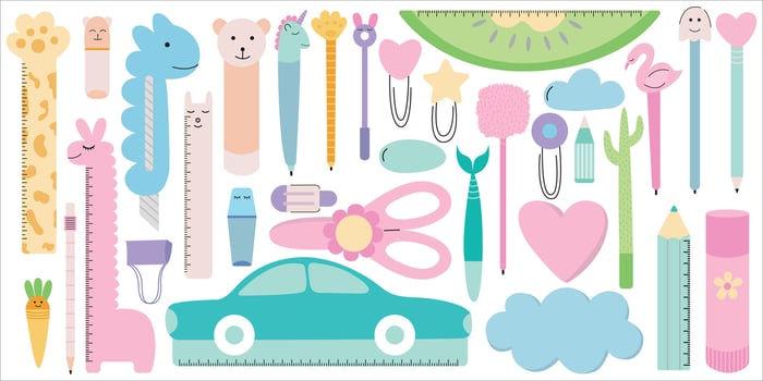 Cute kawaii stationery set. school supplies set. Rulers, pens, pencils. memo stickers, glue stick, scissor, paper clip vector