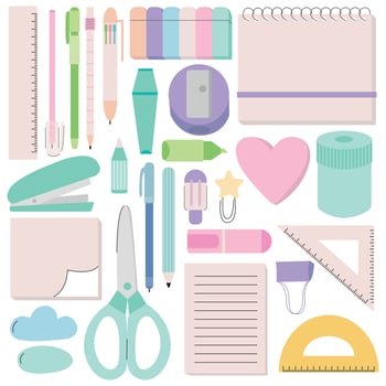 Stationery tools flat set. Pastel colors tools for school and creativity flat set vector