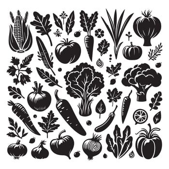 Vegetables and leafs set black silhouette on white background vector