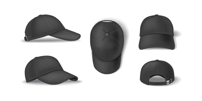 Casual dark baseball cap mockup format reasonable outline set. Head clothing with brand layout 3d models on white foundation vector