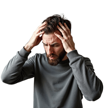 A bearded man in a gray sweater holds his head in his hands, looking distressed against a white background png