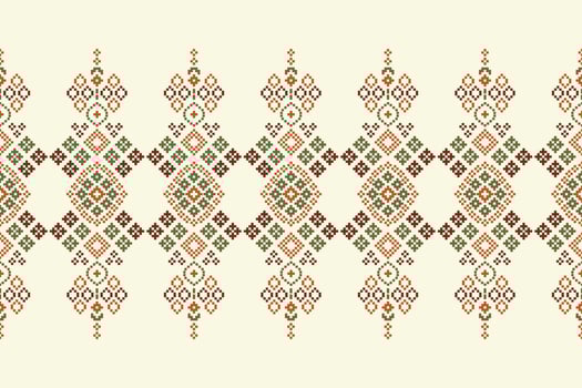 Traditional ethnic motifs ikat geometric fabric pattern cross stitch.Ikat embroidery Ethnic oriental Pixel brown cream background. vector