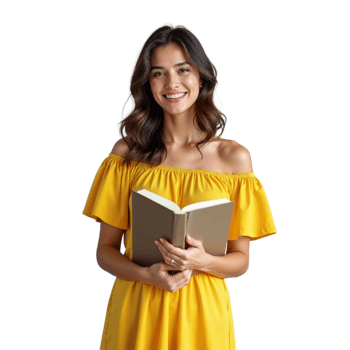 A woman in a yellow dress smiles while holding an open book png