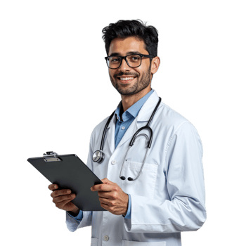 A male doctor wearing a white coat and stethoscope smiles while holding a clipboard png