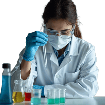 A scientist in a lab coat and protective gear carefully examines a dropper in a laboratory png