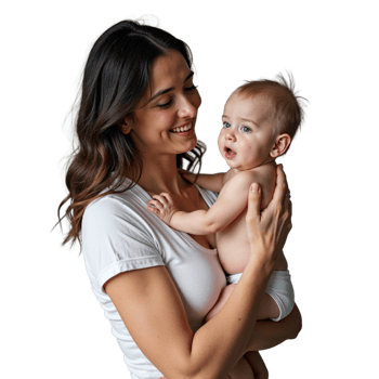 A woman holds a baby in her arms, smiling at the camera png