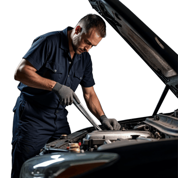 A mechanic works on a car engine, using a wrench to tighten a bolt png
