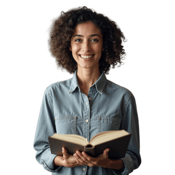 A woman with curly hair smiles as she holds an open book in front of her png