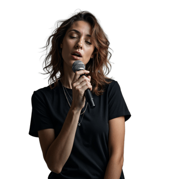 A woman with brown hair sings into a microphone while wearing a black shirt png