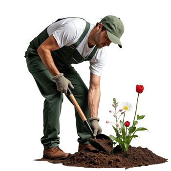 A gardener plants a flower with a shovel in a garden bed png