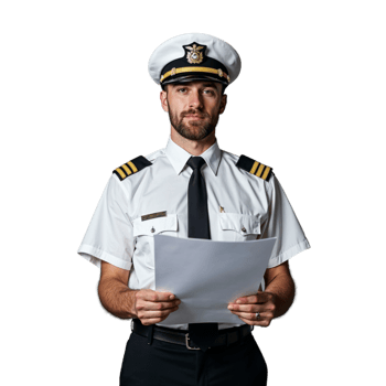 A pilot in uniform stands in front of a white background, holding a piece of paper png