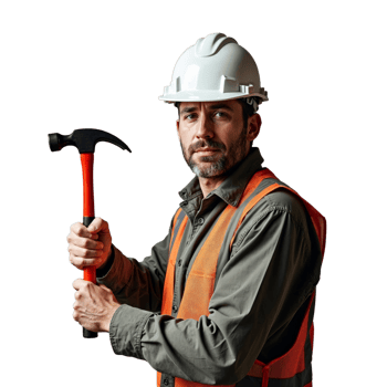 A man in a construction worker uniform, including a hard hat and safety vest, holds a hammer and looks directly at the camera png