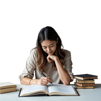 A young woman is sitting at a desk, studying with a pen and open book in front of her png